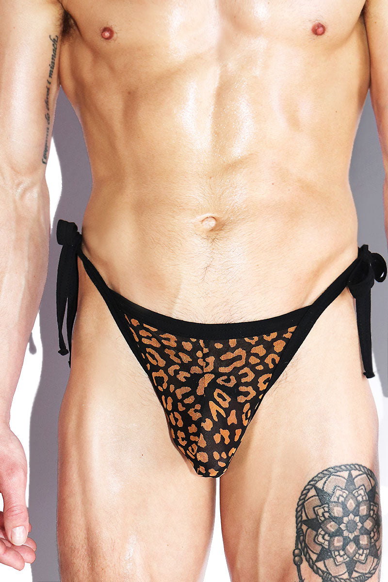 Leopard Tied Up String Thong - Black