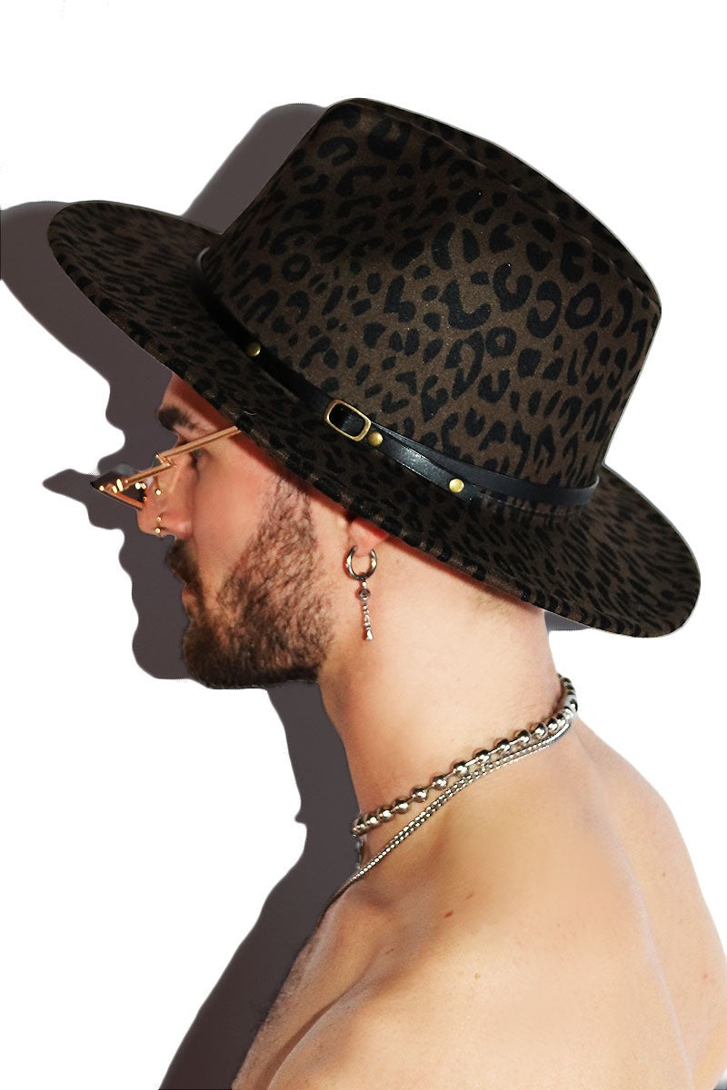 Leopard Print Wide Brim Hat - Brown