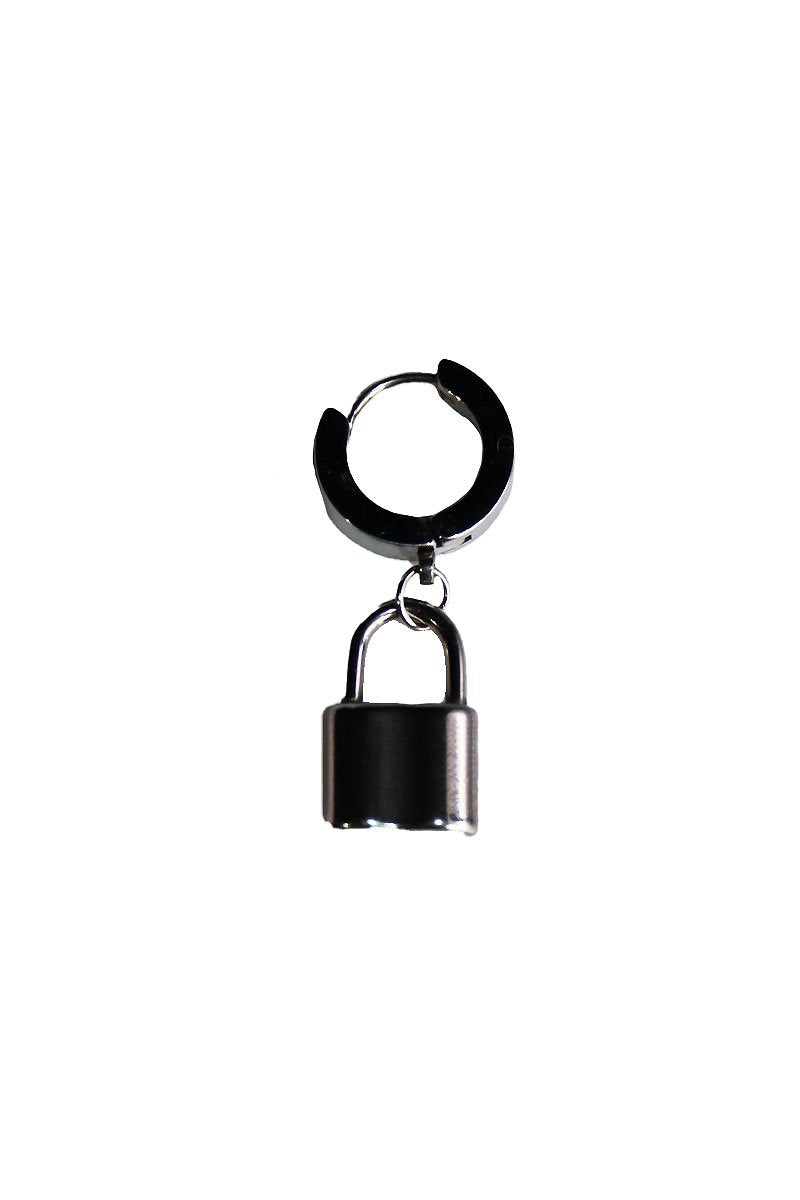 Lock Dangle Crescent Single Earring- Silver
