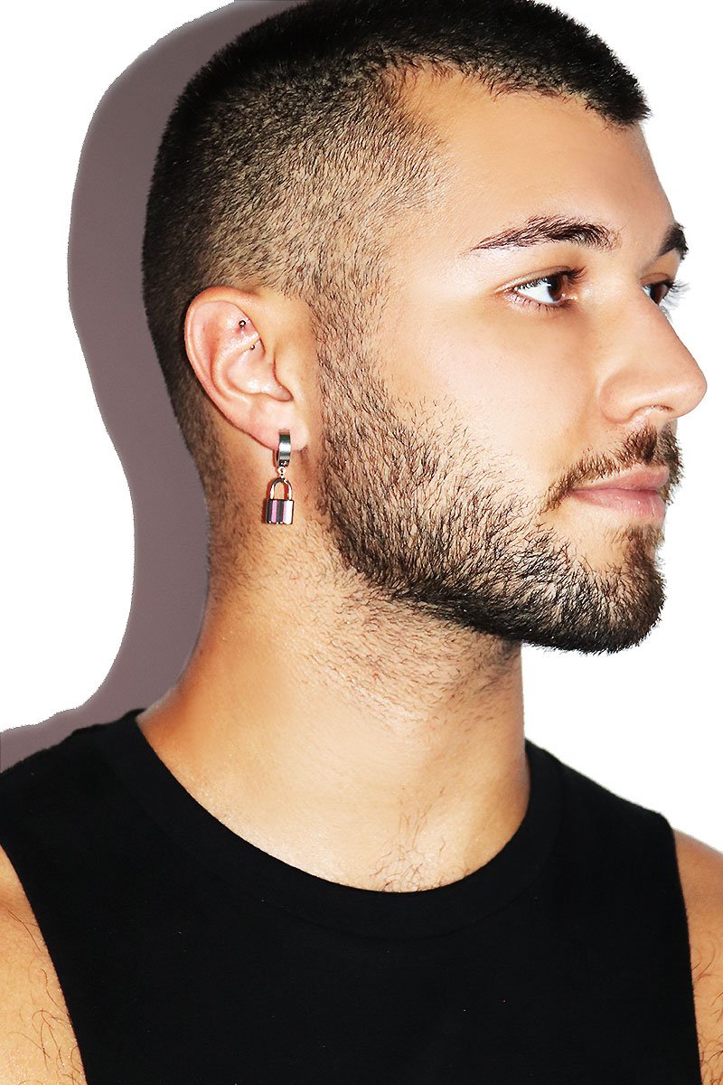Lock Dangle Crescent Single Earring- Silver