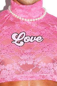 Love Lace Mockneck Extreme Crop Tank- Pink