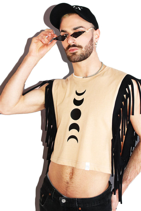 Lunar Phases Fringe Crop Low Armhole Tank in Sand