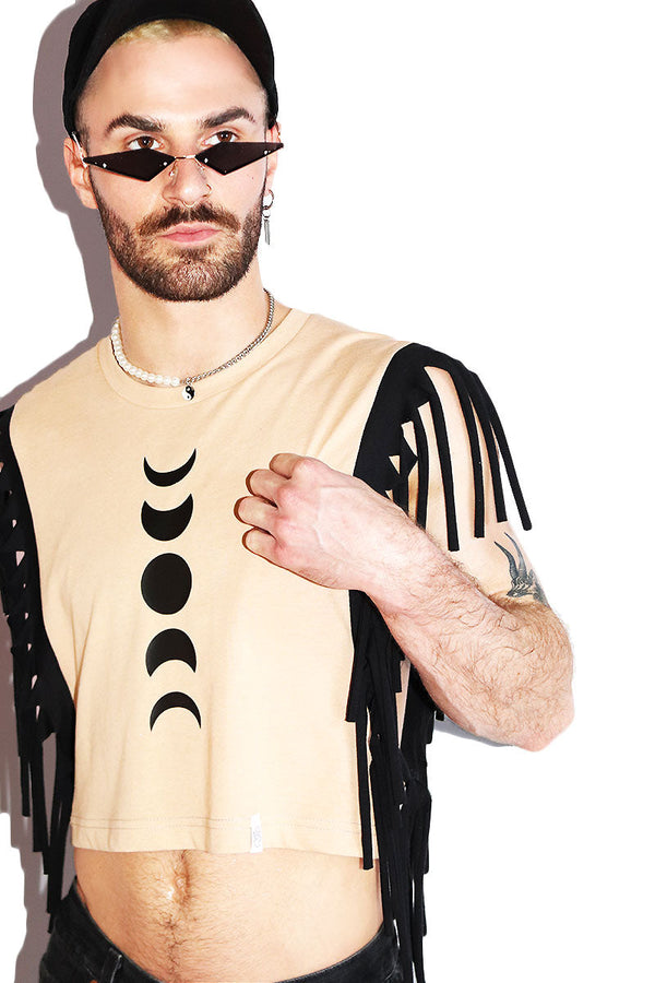 Lunar Phases Fringe Crop Low Armhole Tank in Sand, view 2