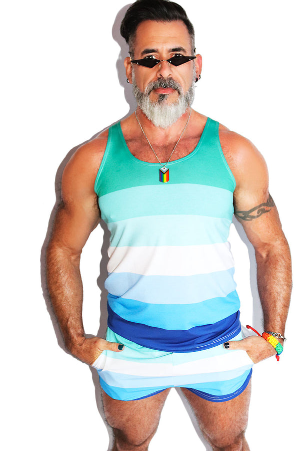 Gay Man Flag All Over Racerback Tank in Blue, view 2