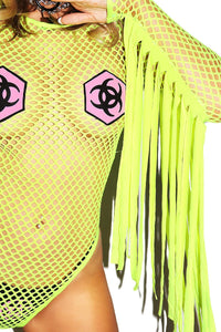 Biohazard Mesh Fringe Bodysuit- Neon Yellow