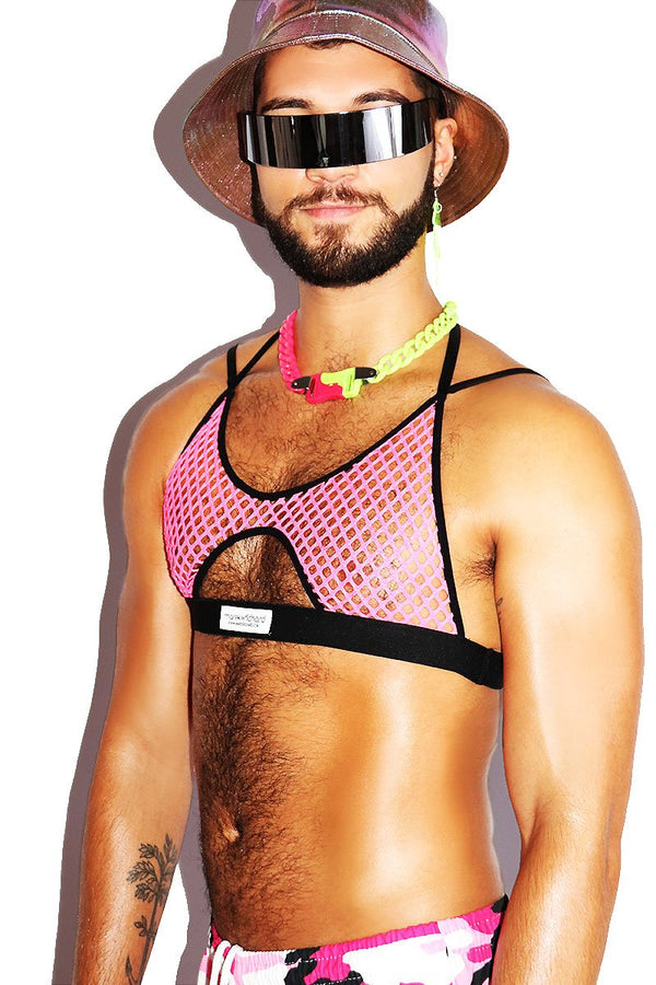 Cyber Mesh Crop Tank in Neon Pink, view 2