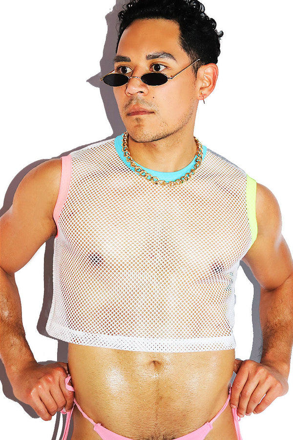Miami Mesh Mesh Crop Tank in White, view 2