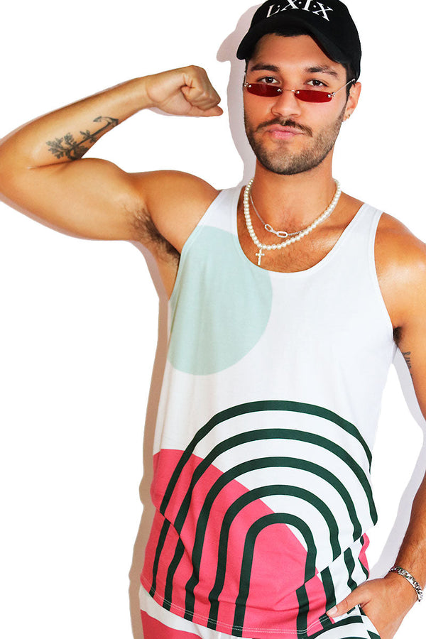 Boho Print All Over Racerback Tank in White, view 2