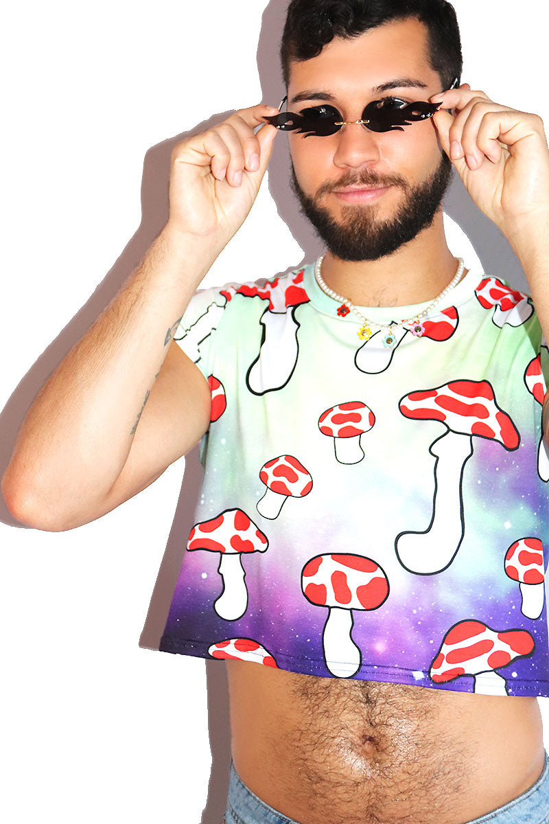 Shrooms Galaxy All Over Print Fitted Crop Tee- Green