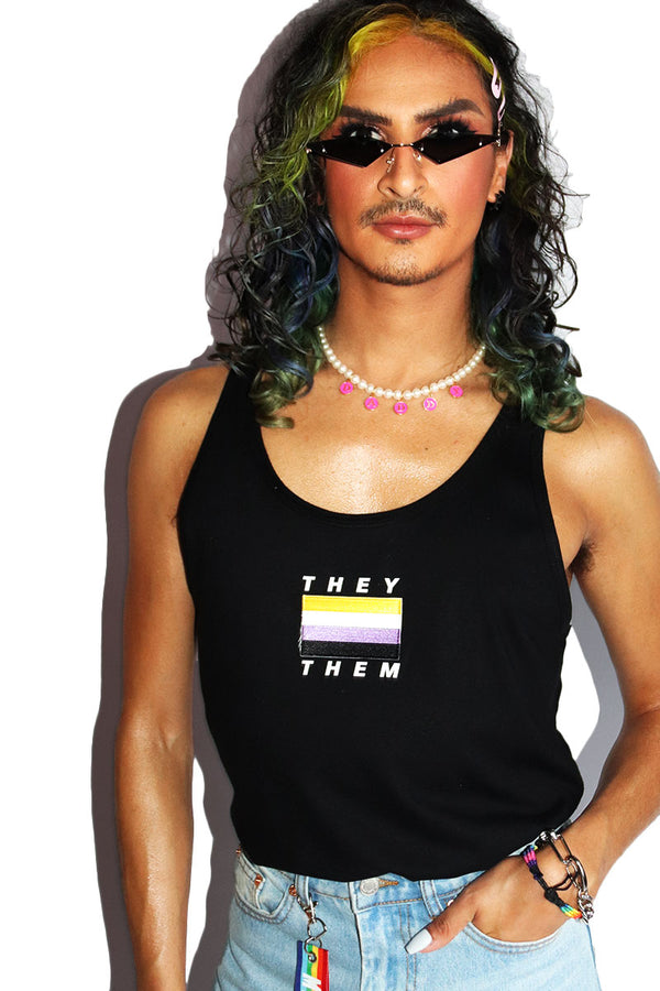They / Them Non Binary Racerback Tank in Black, view 2