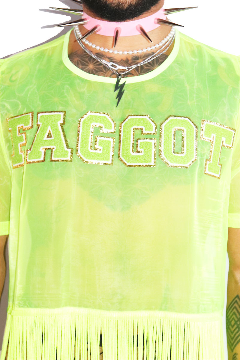 Faggot Mesh Fringe Tee- Neon Green
