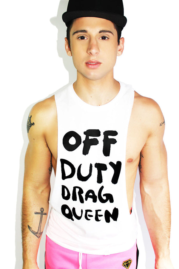 Off Duty Drag Queen Low Armhole Tank in White, view 2