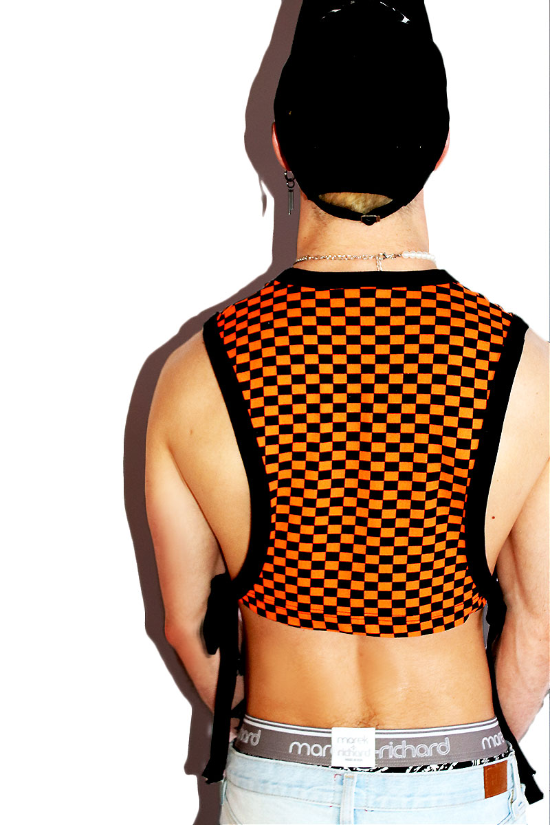 Checkerboard Tied Up Extreme Crop Low Armhole Tank- Orange