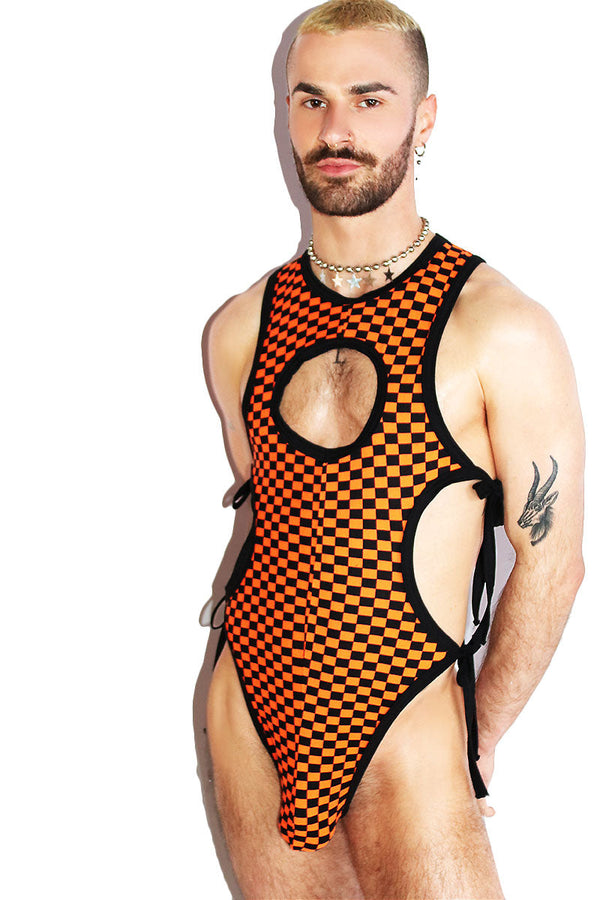 Checkerboard Cutout Tied Up Bodysuit in Orange
