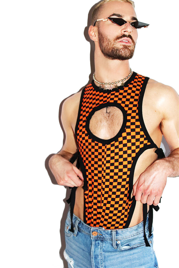 Checkerboard Cutout Tied Up Bodysuit in Orange, view 2