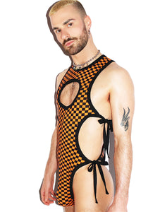 Checkerboard Cutout Tied Up Bodysuit- Orange