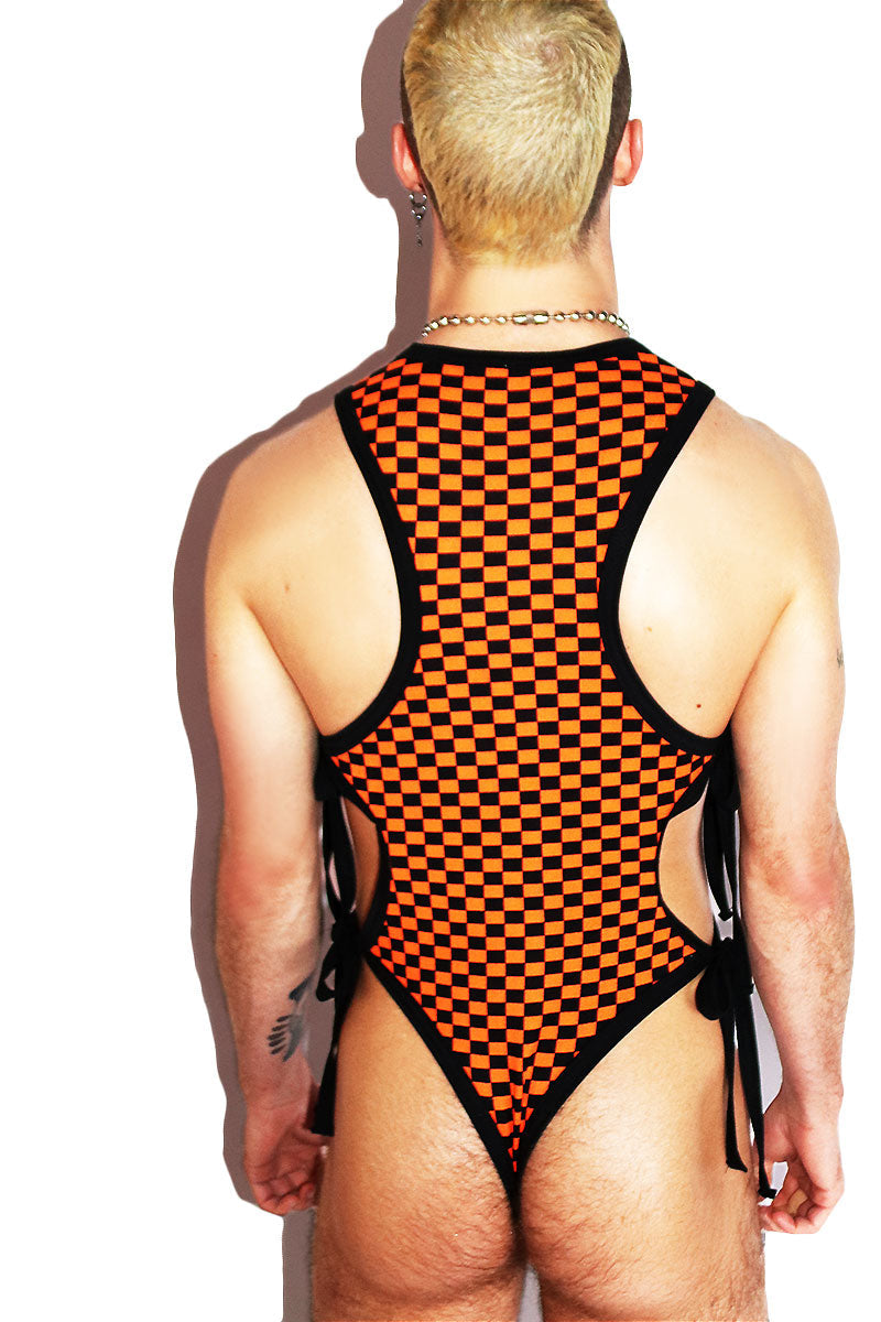 Checkerboard Cutout Tied Up Bodysuit- Orange