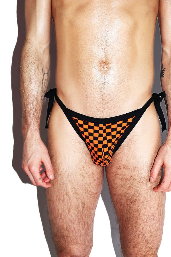 Checkerboard Tied Up String Thong in Orange, view 2