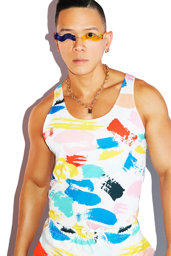 Strokes All Over Racerback Tank in White, view 2