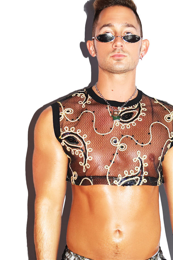Rococo Mesh Extreme Crop Tank in Black, view 2