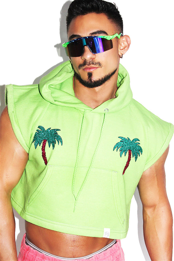 Palm Tree Pasties Sleeveless Crop Hoodie in Neon Green