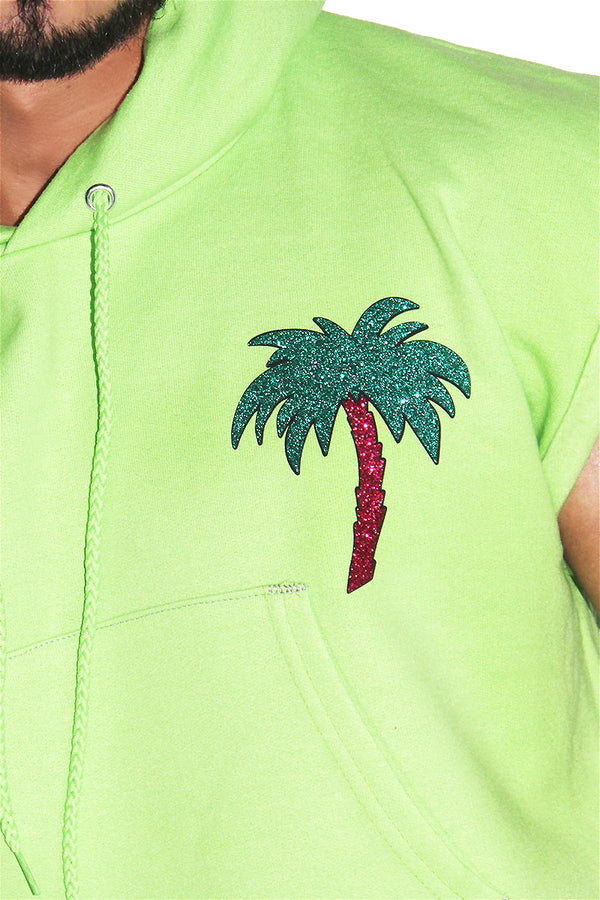 Palm Tree Pasties Sleeveless Crop Hoodie in Neon Green, view 2