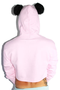 Panda Long Sleeve Crop Hoodie-Pink