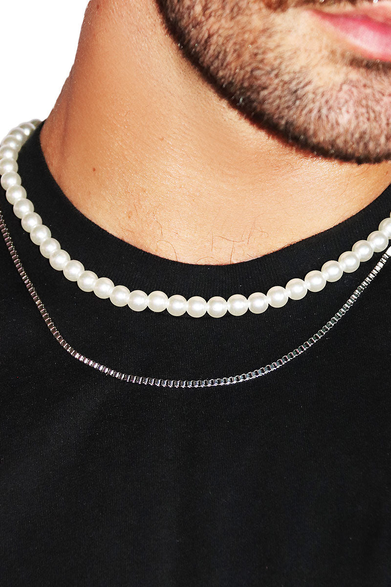 Simple Pearl Necklace Set - Silver