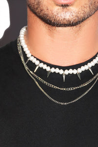 Occult Pearl Spiked Necklace Set - Silver
