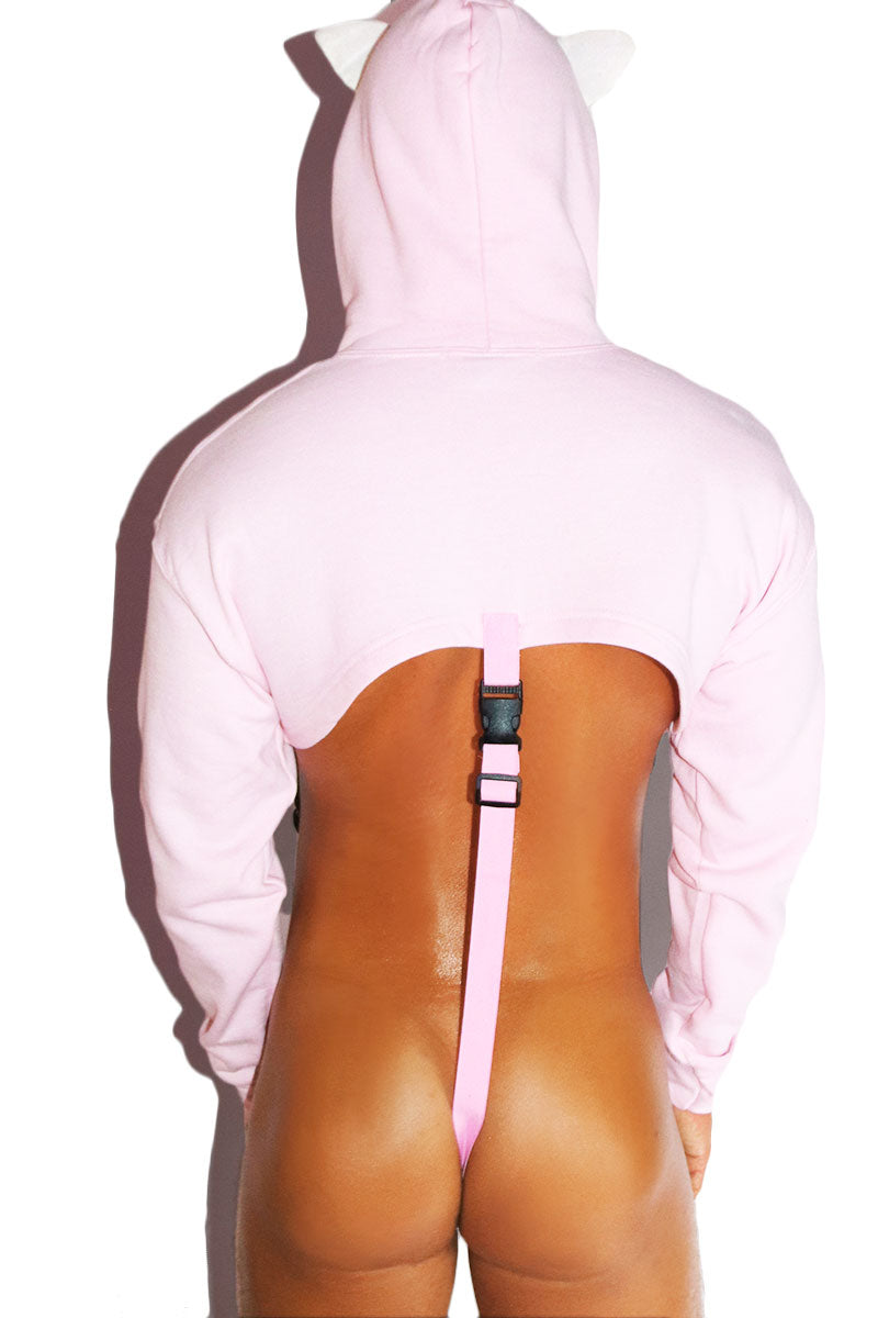 Lil' Piggy Harness Hoodie Strap Thong Bodysuit- Pink