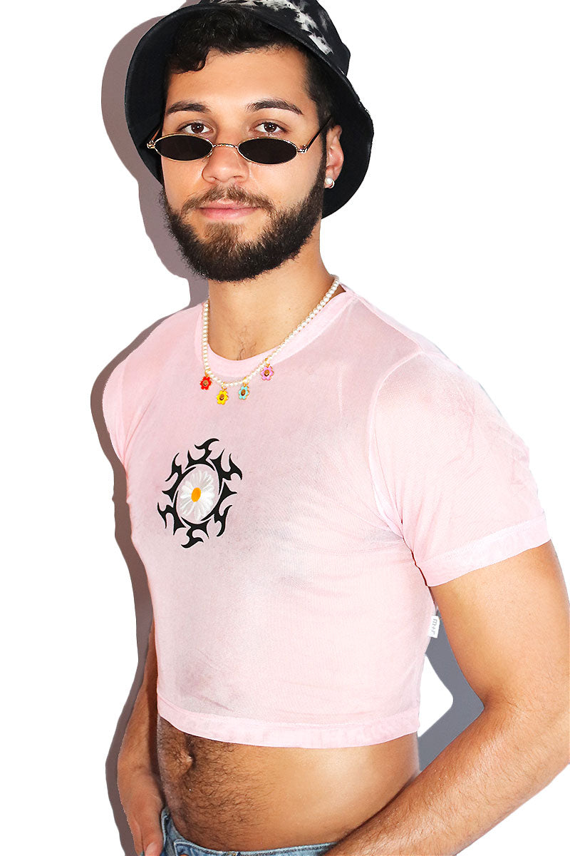 Daisy Ink Mesh Extreme Crop Tee- Pink