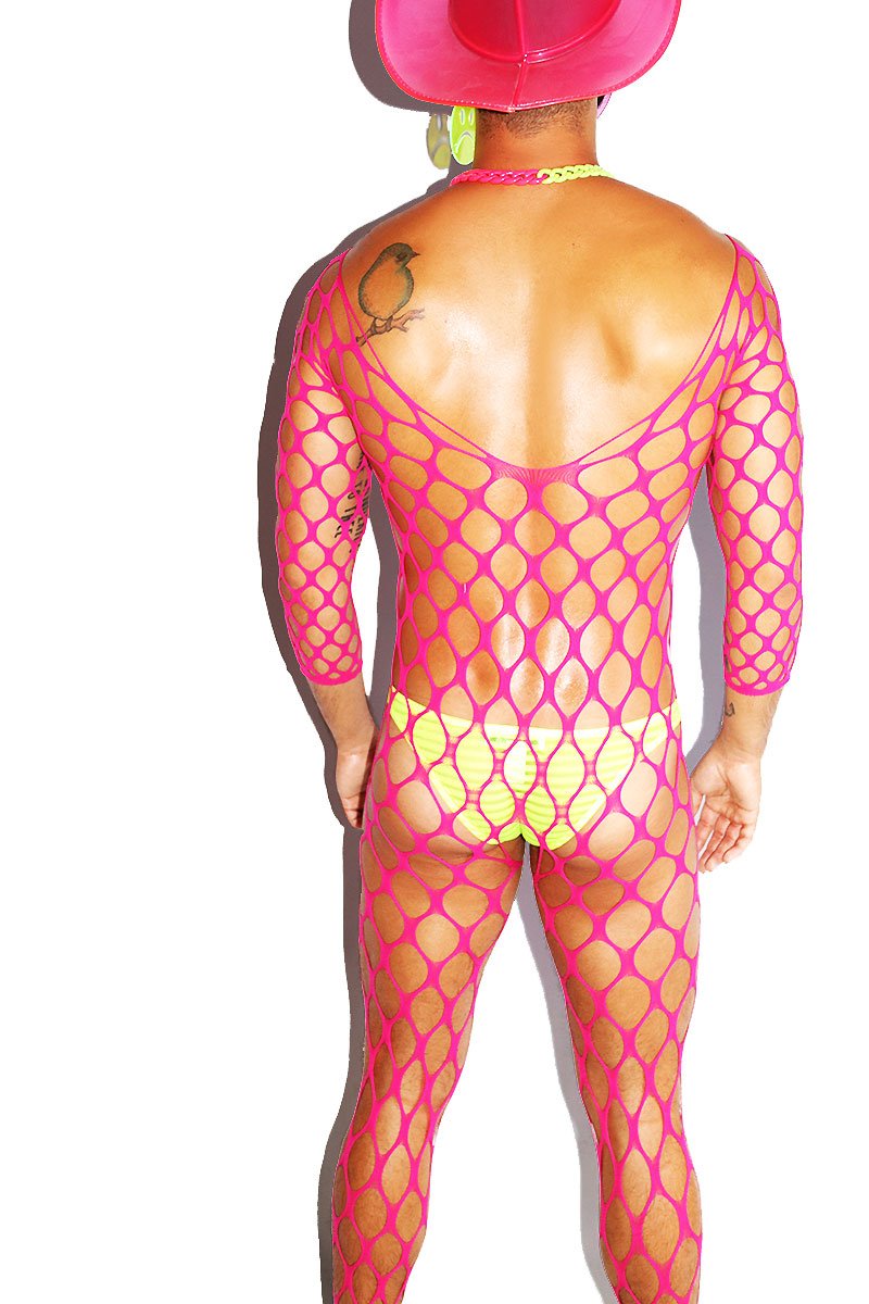 Wide Fishnet Bodysuit Tights- Neon Pink