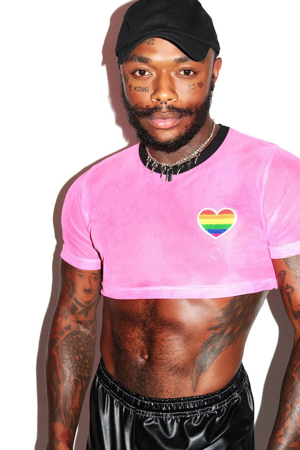 Gay Love Mesh Extreme Crop Tee in Pink