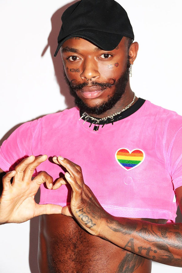 Gay Love Mesh Extreme Crop Tee in Pink, view 2