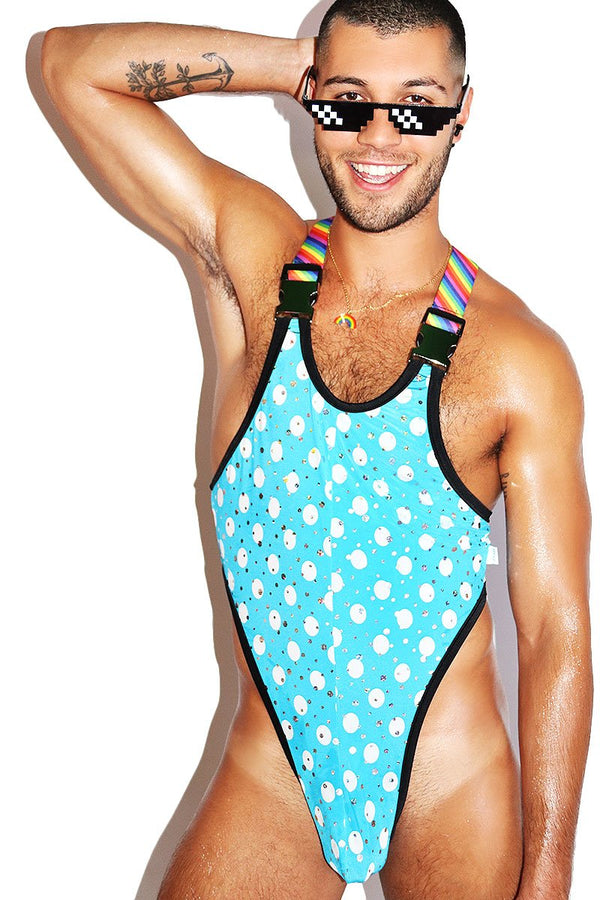 Rainbow Dot Thong Bodysuit in Blue
