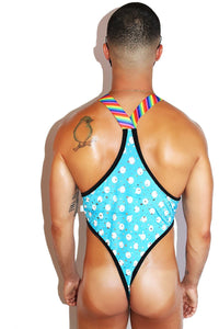 Rainbow Dot Thong Bodysuit- Blue