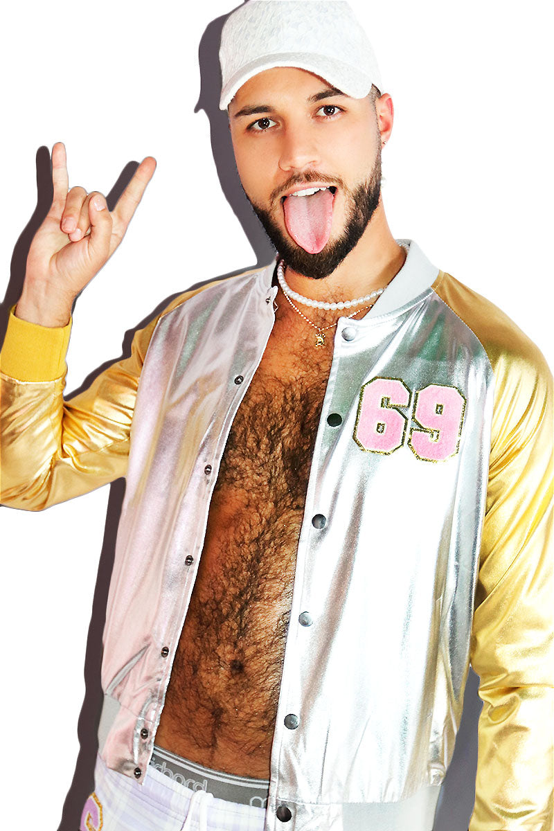 Pretty Boy Metallic Raglan Varsity Jacket-Silver