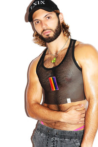 Pride Flag Crop Mesh Racerback Tank- Black