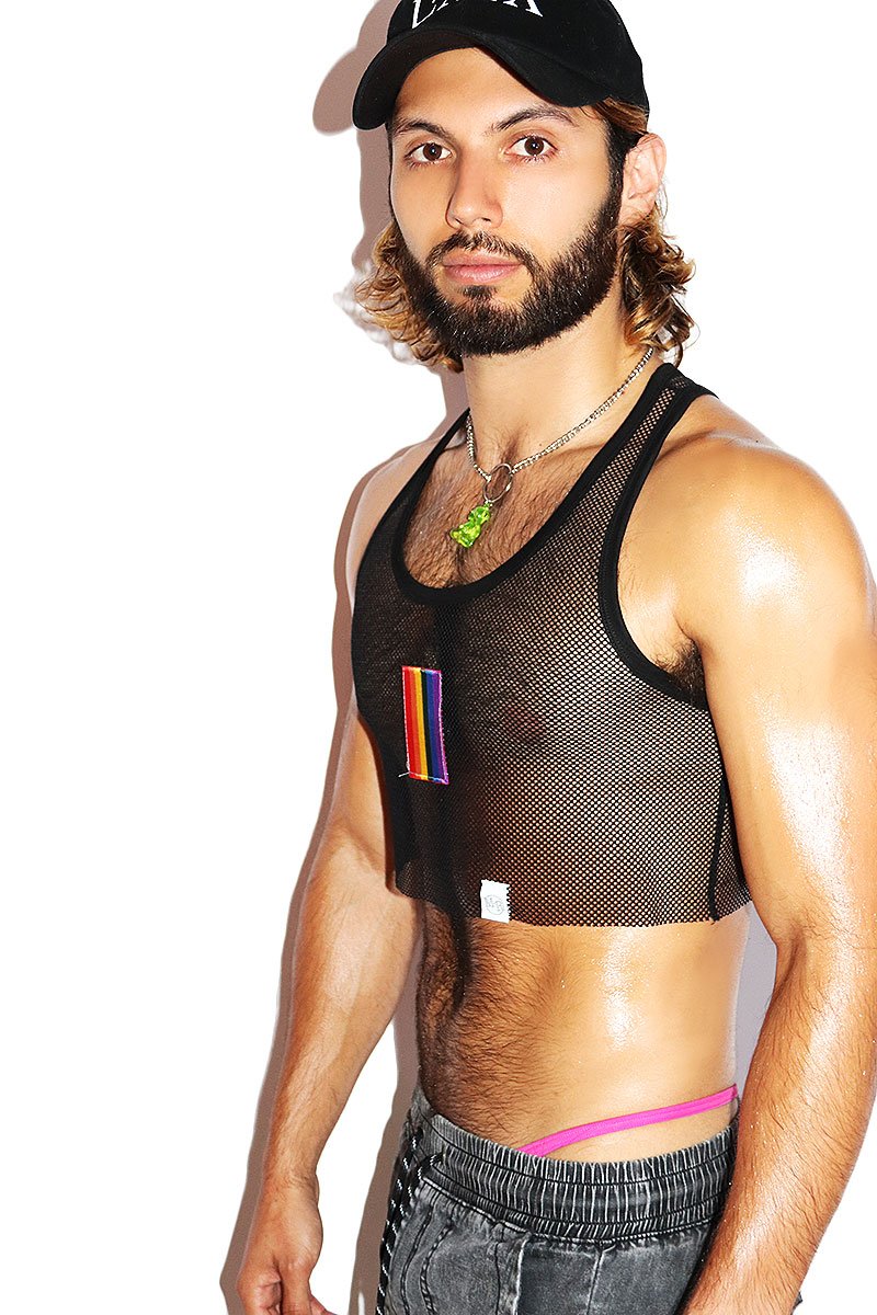 Pride Flag Crop Mesh Racerback Tank- Black
