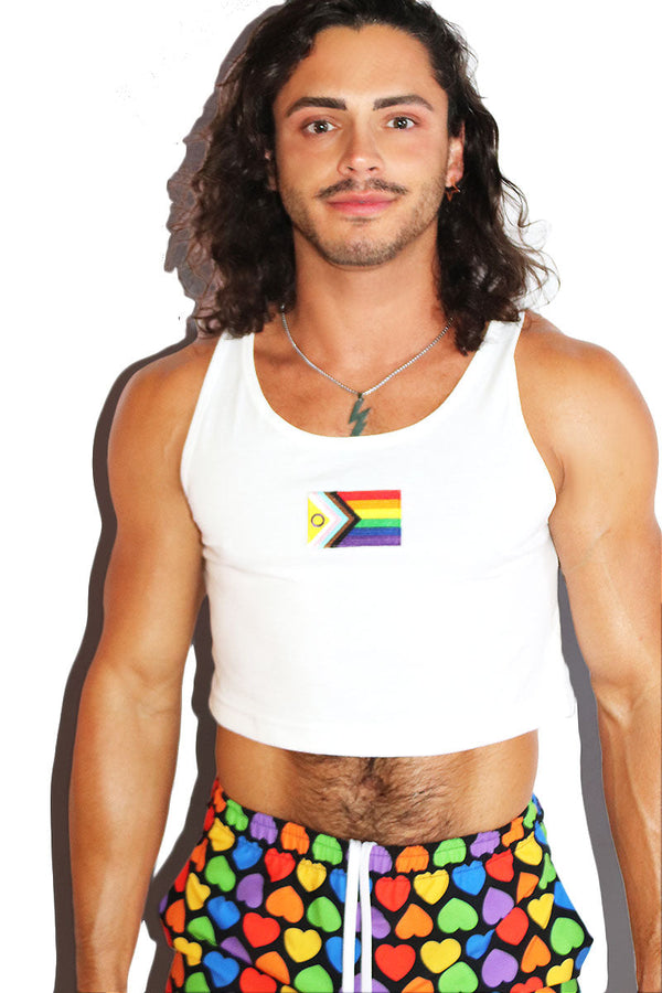 Newest Pride Flag Patch Crop Racerback Tank in White, view 2