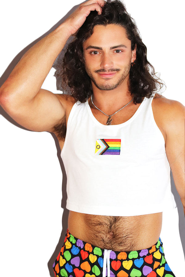 Newest Pride Flag Patch Crop Racerback Tank in White