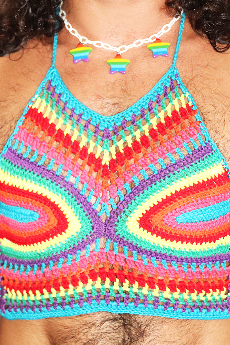 Psychedelic Rainbow Crochet Halter Tank- Blue