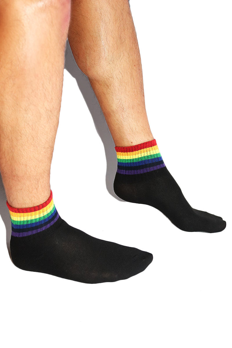 Banded Rainbow Stripe Crew Length Socks- Black