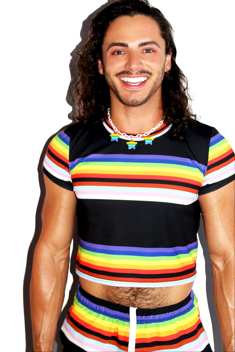 Pride Parade Stripe All Over Print Fitted Crop Tee- Black