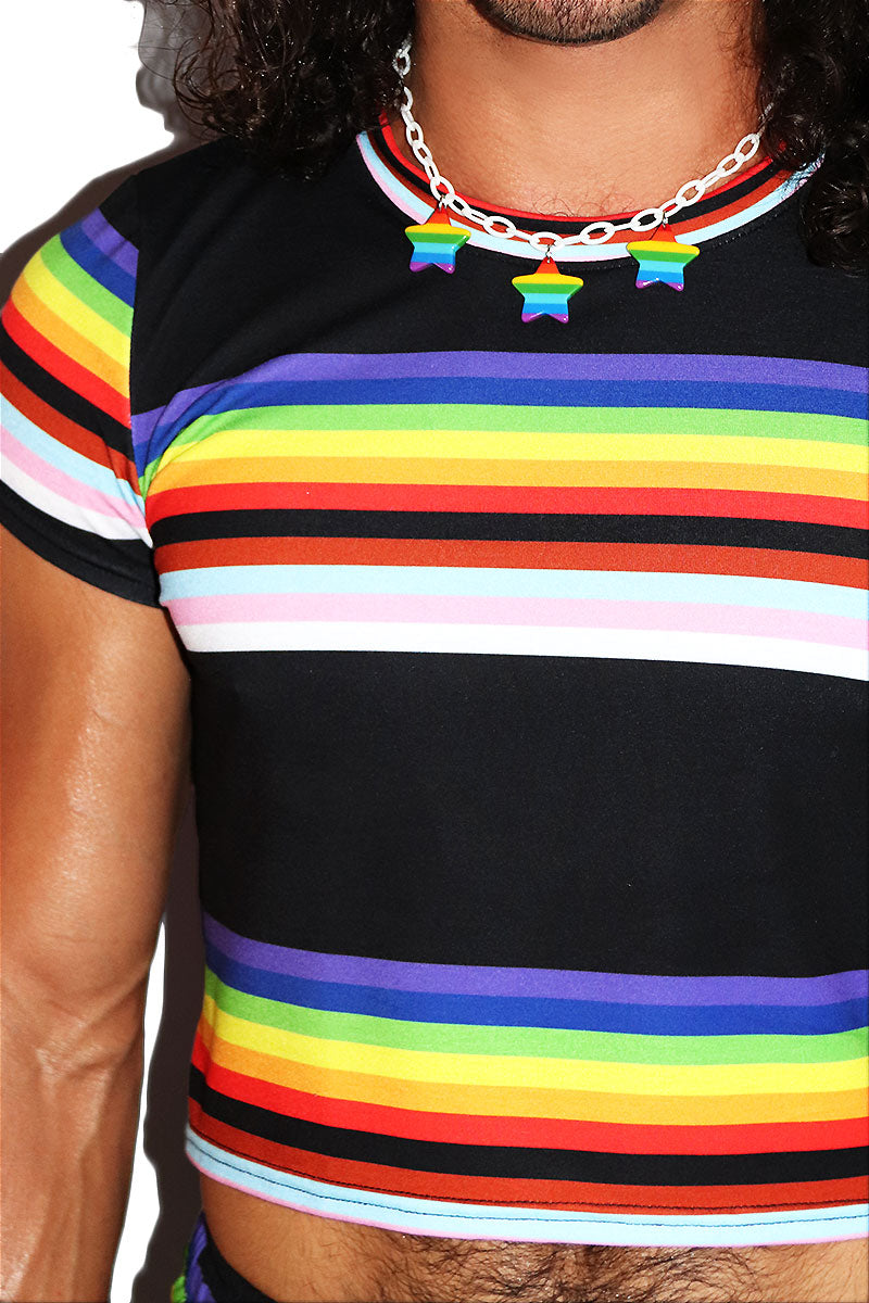 Pride Parade Stripe All Over Print Fitted Crop Tee- Black