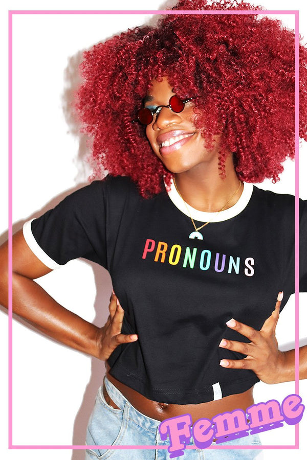 Pronouns Unisex Crop Ringer Tee in Black