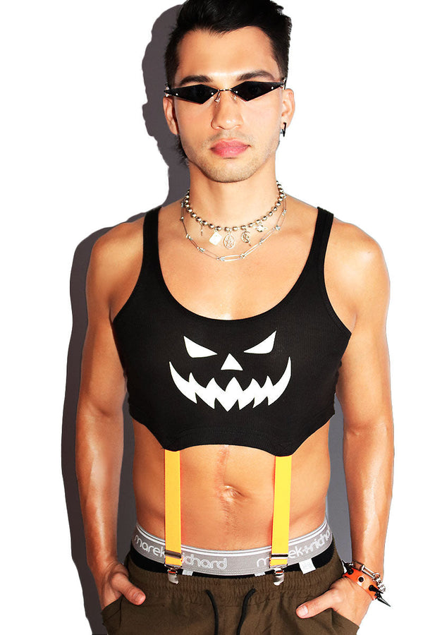 Pumpkin Garter Rib Knit Crop Racerback Tank in Black