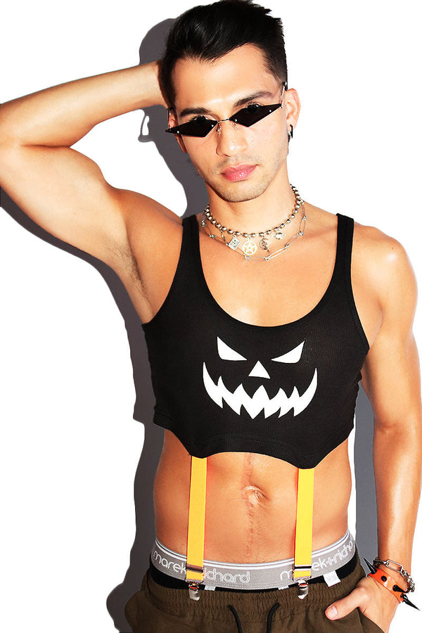 Pumpkin Garter Rib Knit Crop Racerback Tank in Black, view 2