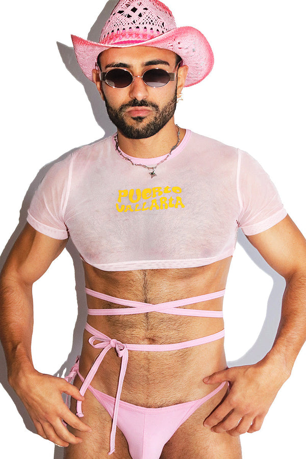 Puerto Vallarta Mesh Crossed Tie Extreme Crop Tee- Pink