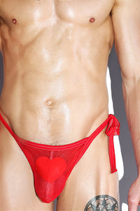 Heart Mesh Tied Up String Thong - Red